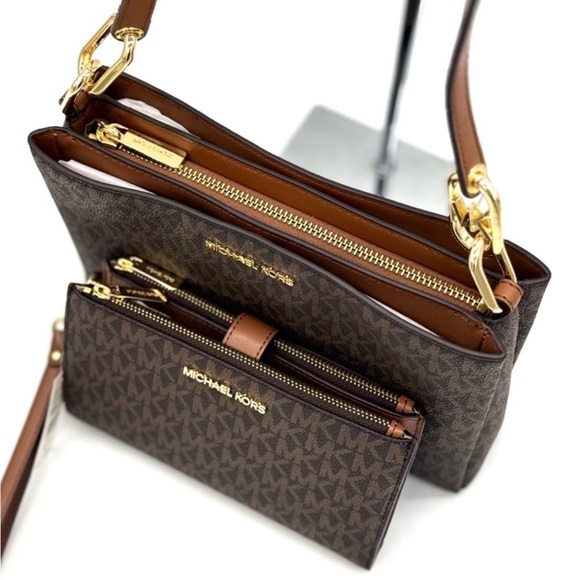 Michael Kors Trisha MD Triple Compartment Bag & Double Zip Wallet Set Brown - Picture 10 of 13